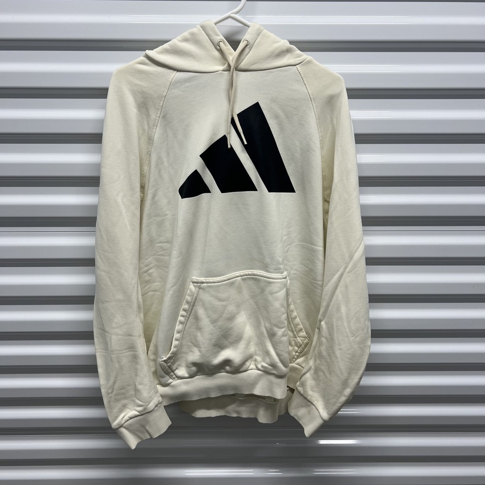 Adidas Hoodie XL Mens Cream Off White Oversized 3-Bar Logo Pullover Sweatshirt — photo 2